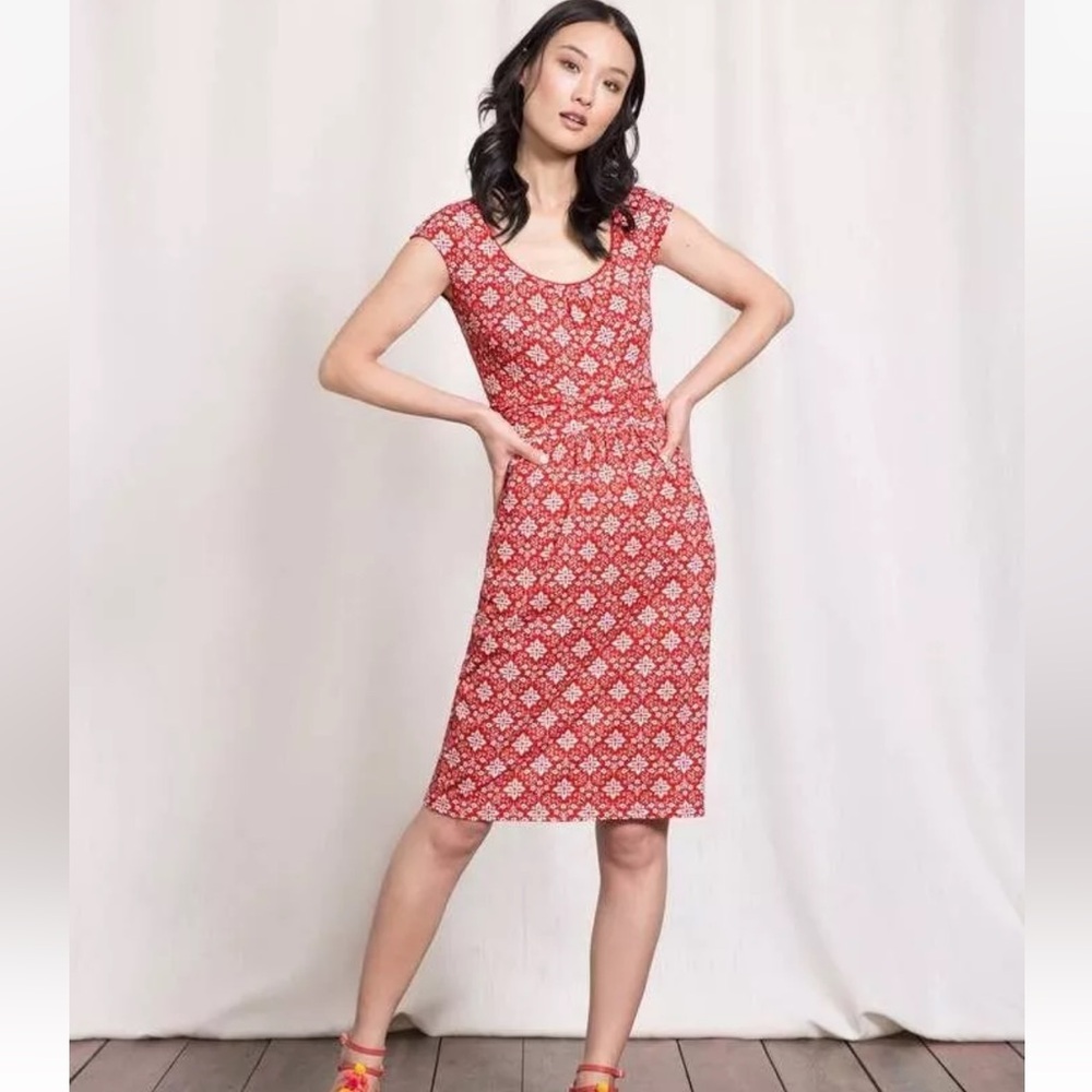 Boden Pullover Margot Dress 6R Red White Medallion Cap Sleeve Scoop Neck Pockets